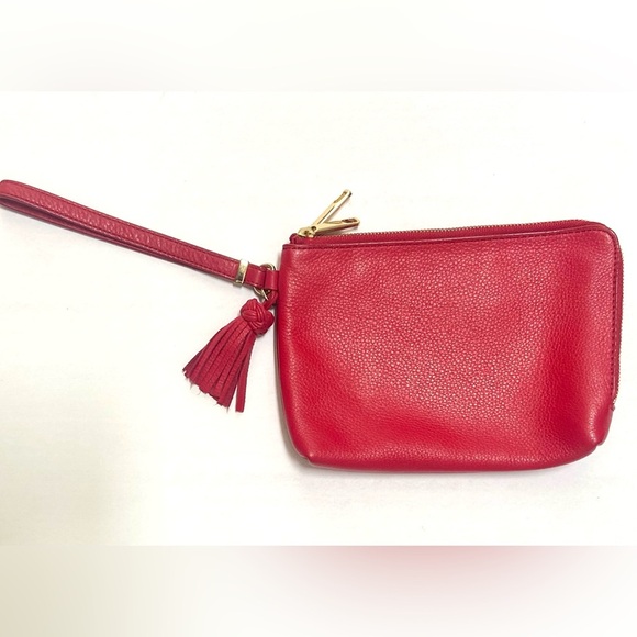 Talbots Red Pebbled Leather Tasseled 2 Zipper Wristlet Clutch - Picture 4 of 6